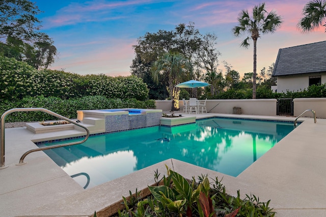 2940 Pine Valley Dr, Miramar Beach, FL 32550 - pool at dusk with a fenced in pool, a patio area, fence, and an in ground hot tub