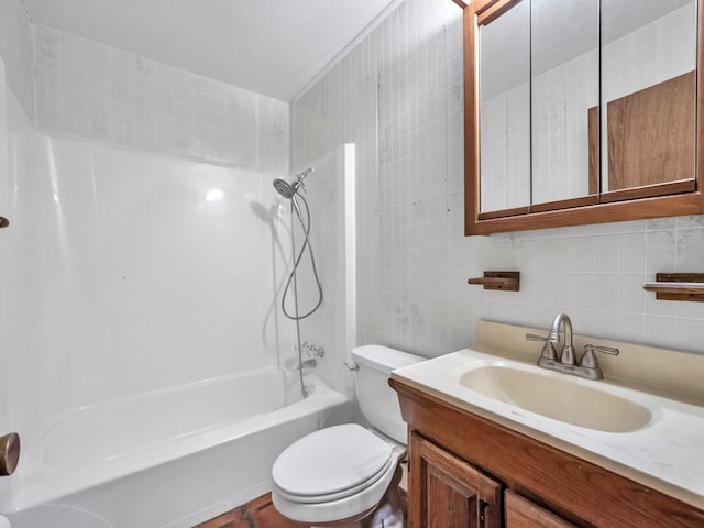 full bath with vanity, shower / bathing tub combination, tile walls, toilet, and backsplash