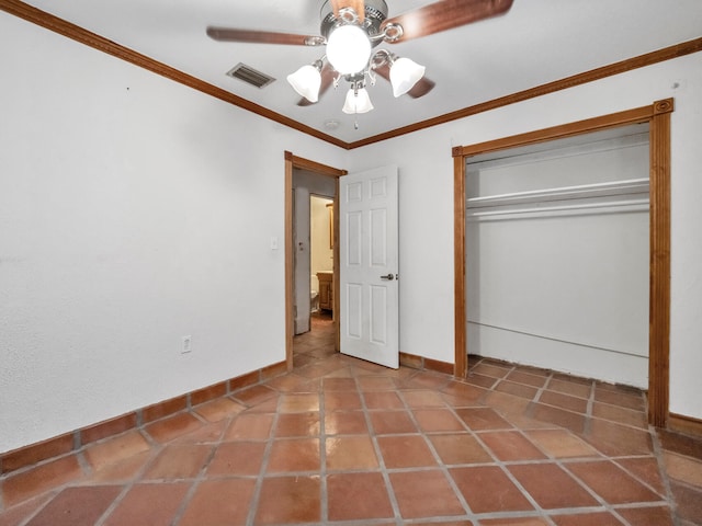 unfurnished bedroom featuring tile patterned floors, visible vents, baseboards, and ornamental molding