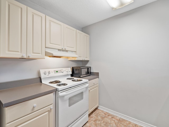 kitchen with baseboards, under cabinet range hood, light tile patterned floors, a textured ceiling, and white electric range