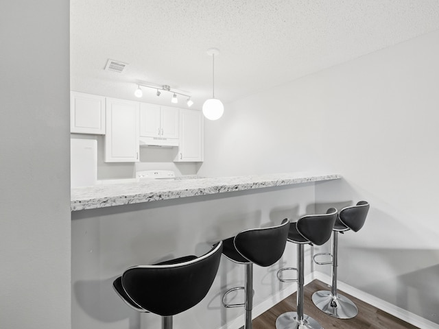 kitchen with under cabinet range hood, a textured ceiling, dark wood-style flooring, and white cabinetry