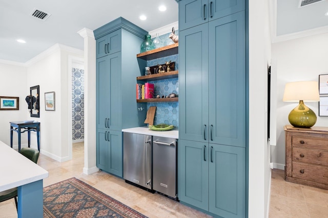 bar with crown molding, recessed lighting, baseboards, and visible vents