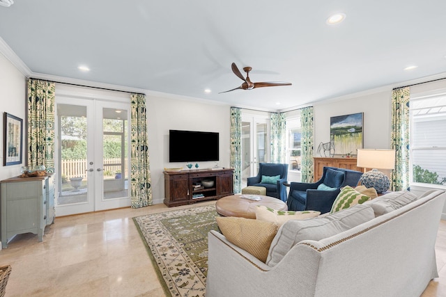 living room featuring recessed lighting, french doors, ceiling fan, and crown molding