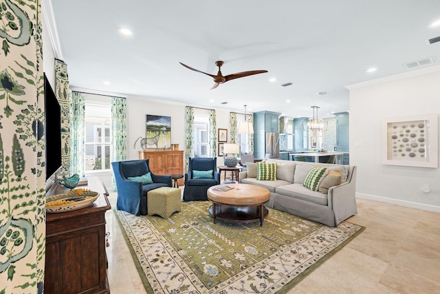 living room featuring visible vents, recessed lighting, baseboards, and ornamental molding