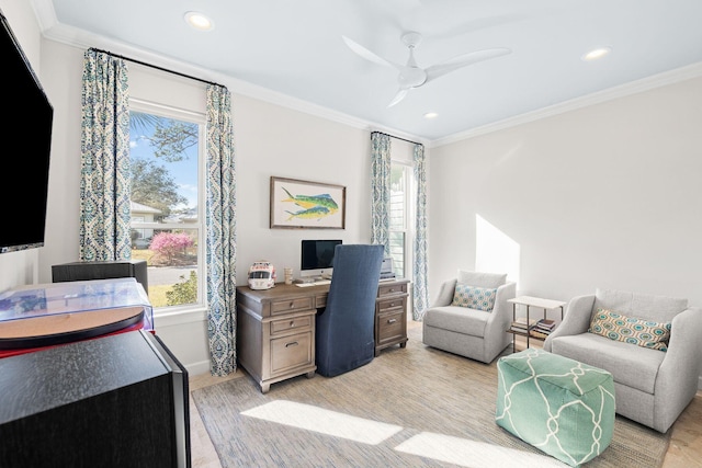 office area featuring recessed lighting, baseboards, a ceiling fan, and ornamental molding