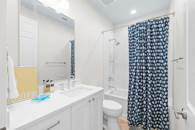 full bath with shower / bath combination with curtain, visible vents, toilet, and vanity