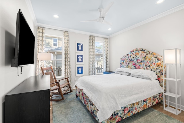 bedroom with crown molding, recessed lighting, and ceiling fan