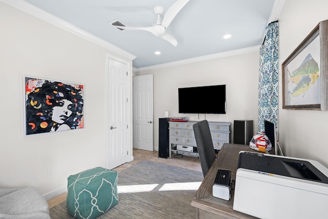 carpeted office with recessed lighting, baseboards, crown molding, and a ceiling fan