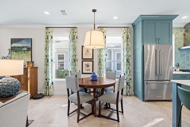 dining area featuring recessed lighting, visible vents, and crown molding