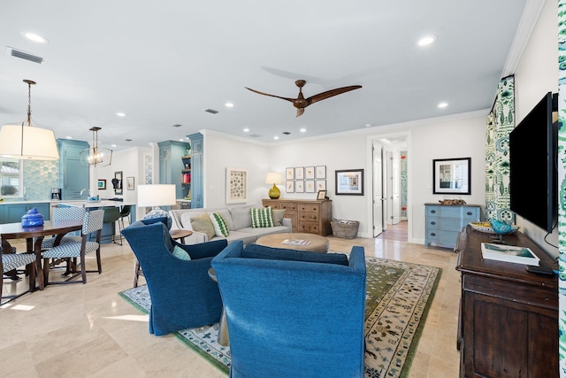 living room with a ceiling fan, recessed lighting, visible vents, and ornamental molding