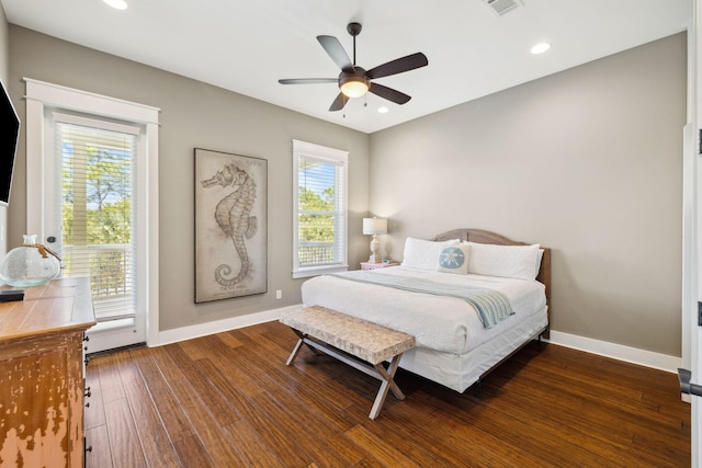 bedroom with a ceiling fan, baseboards, recessed lighting, access to exterior, and wood-type flooring