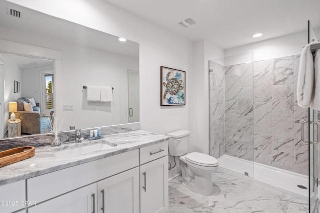 full bathroom featuring a marble finish shower, visible vents, marble finish floor, and toilet