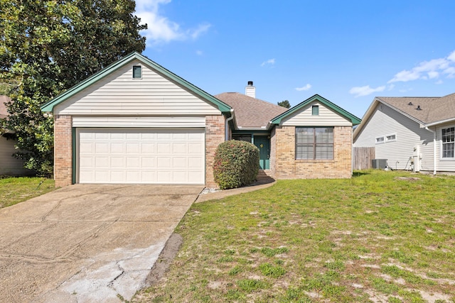 ranch-style house featuring a front yard, brick siding, central AC unit, and driveway