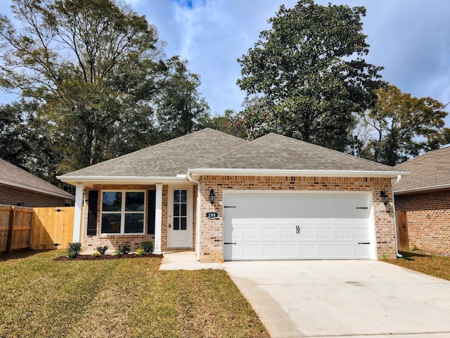 single story home with brick siding, a front lawn, fence, concrete driveway, and a garage