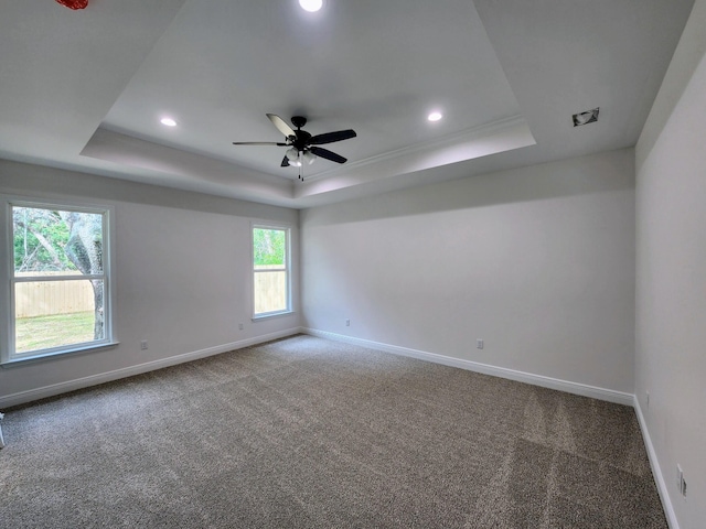 empty room featuring baseboards, a raised ceiling, and carpet