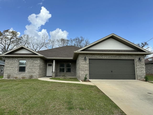 ranch-style house with brick siding, a garage, driveway, and a front yard