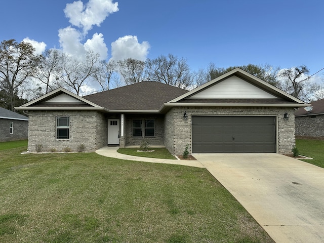 ranch-style home with roof with shingles, concrete driveway, a front yard, a garage, and brick siding