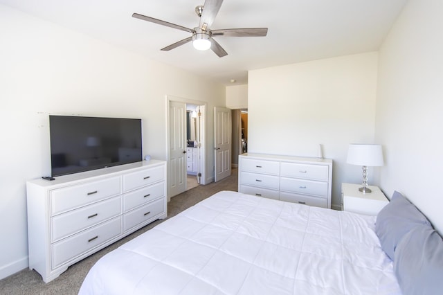 bedroom featuring carpet, baseboards, and ceiling fan