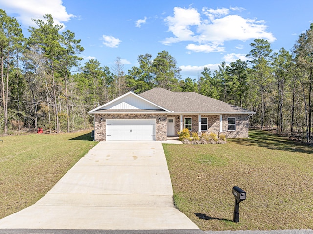 single story home featuring driveway, a front yard, a shingled roof, a garage, and brick siding