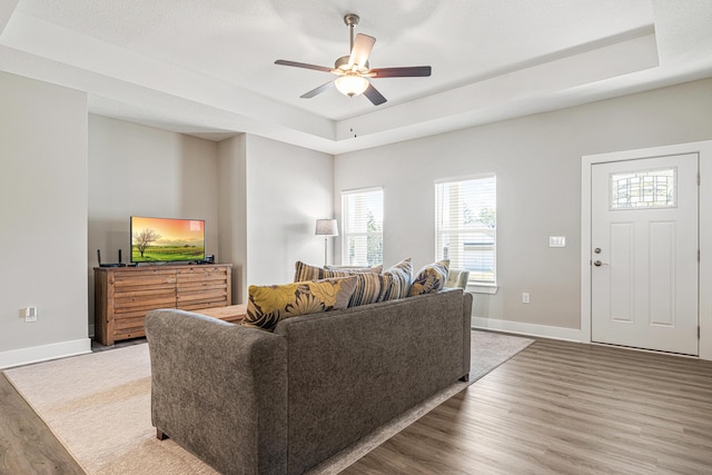 living area featuring a raised ceiling, wood finished floors, and baseboards