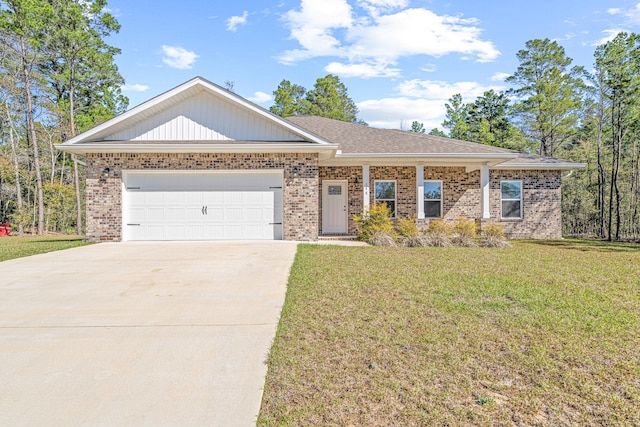 ranch-style house with a front lawn, concrete driveway, brick siding, and a garage