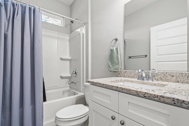 bathroom with vanity, toilet, and shower / bathtub combination with curtain