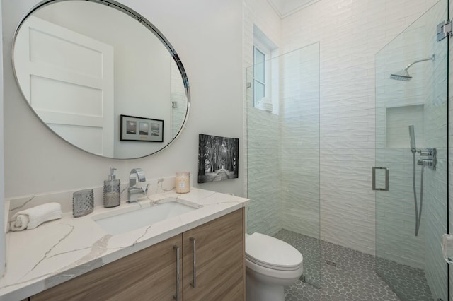 full bathroom featuring vanity, toilet, and a shower stall