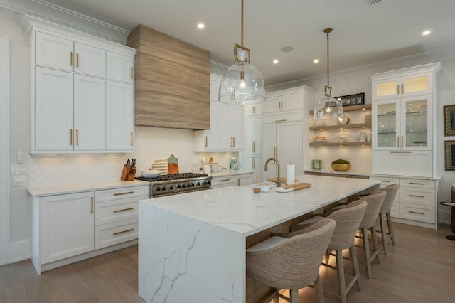 kitchen featuring stainless steel gas stove, a kitchen island with sink, open shelves, white cabinets, and crown molding