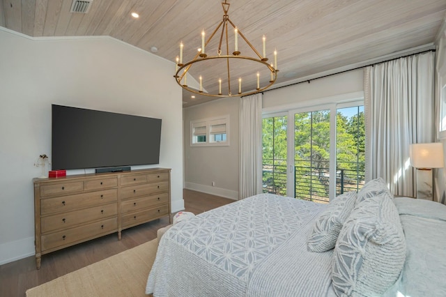 bedroom featuring wood finished floors, visible vents, an inviting chandelier, lofted ceiling, and wood ceiling