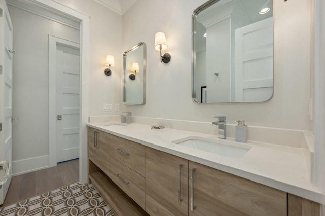 bathroom featuring double vanity, wood finished floors, baseboards, and a sink