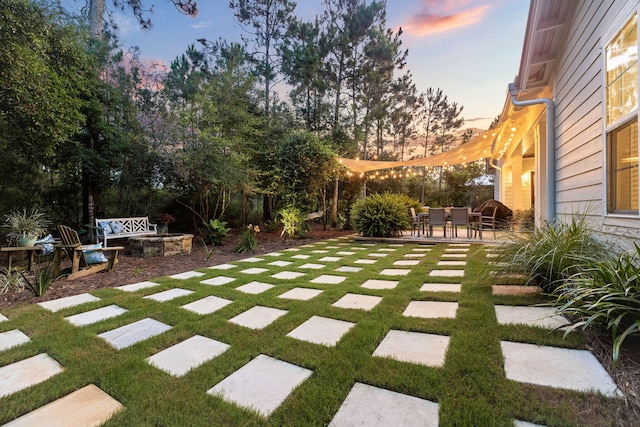 view of yard featuring a patio area and an outdoor fire pit