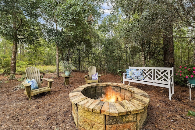 view of yard with a fire pit