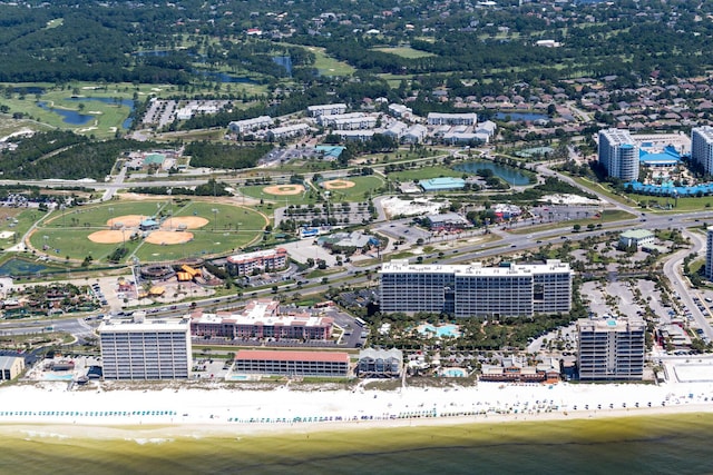 bird's eye view with a view of the beach and a water view