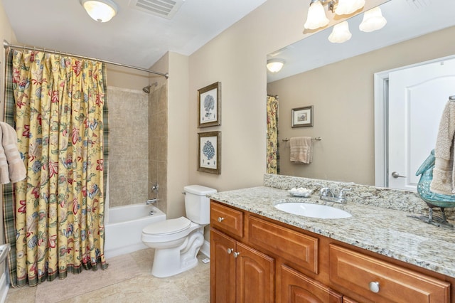 bathroom with visible vents, shower / bathtub combination with curtain, toilet, tile patterned flooring, and vanity