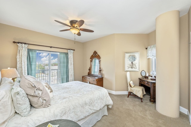 bedroom with access to exterior, a ceiling fan, baseboards, and light carpet