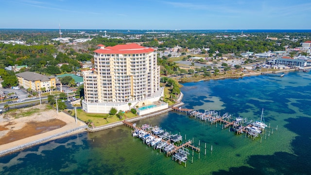 birds eye view of property featuring a water view