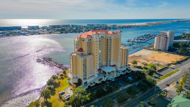 aerial view featuring a view of city and a water view