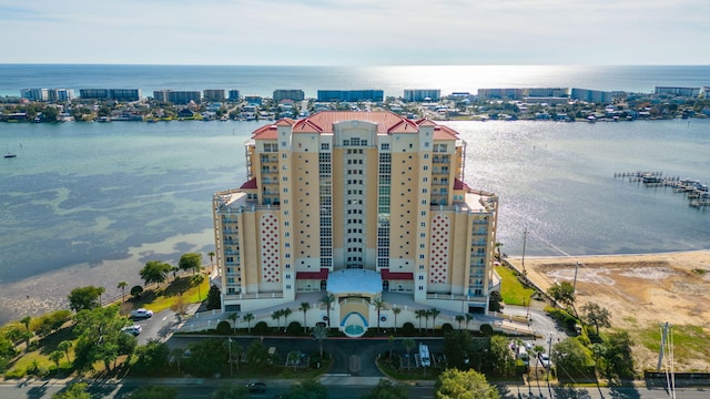 drone / aerial view with a water view