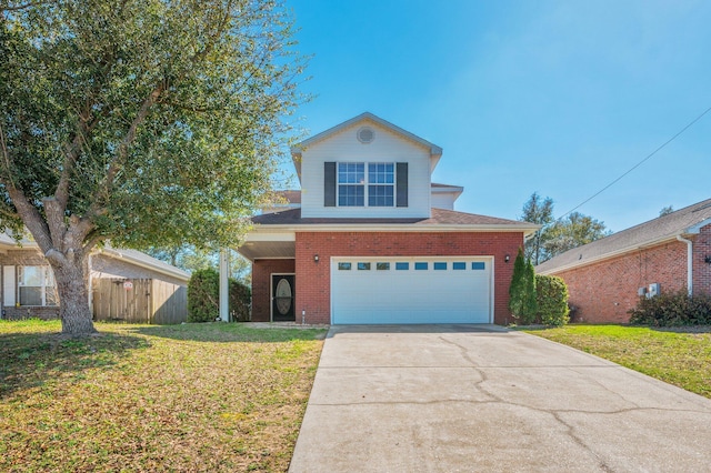 traditional-style home with a front yard, fence, driveway, a garage, and brick siding