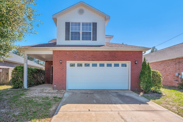 traditional-style house featuring brick siding, a shingled roof, fence, concrete driveway, and an attached garage