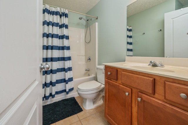 bathroom with tile patterned floors, toilet, a textured ceiling, shower / bath combination with curtain, and vanity