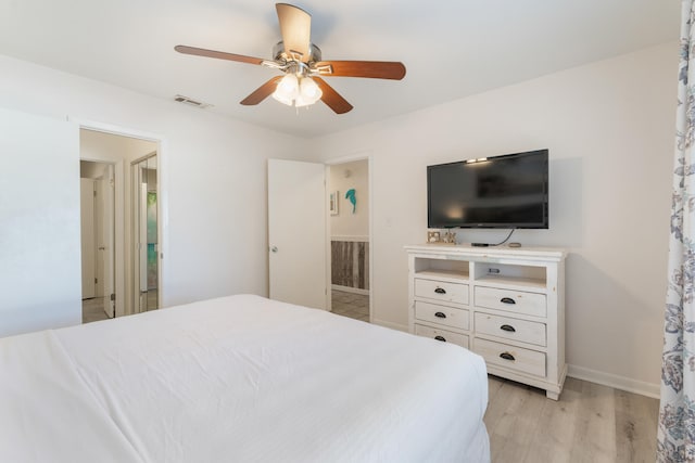 bedroom featuring visible vents, baseboards, ceiling fan, and light wood finished floors