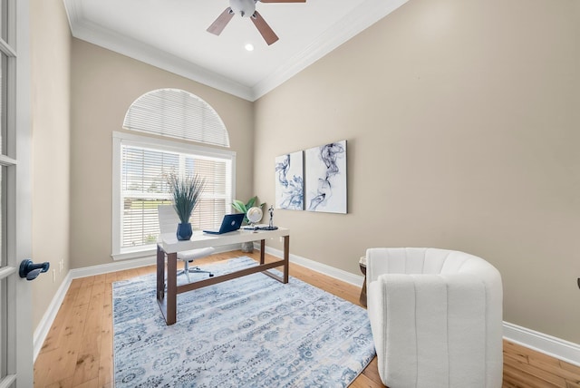 114 Golf Dr, Panama City Beach, FL 32408 - office area featuring ornamental molding, a ceiling fan, baseboards, light wood-type flooring, and recessed lighting