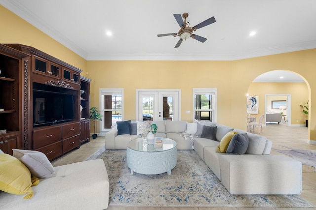 114 Golf Dr, Panama City Beach, FL 32408 - living area with arched walkways, ceiling fan, crown molding, recessed lighting, and baseboards