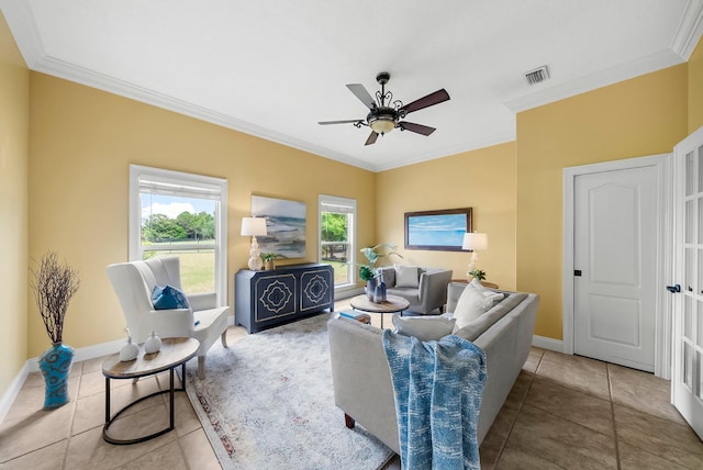 114 Golf Dr, Panama City Beach, FL 32408 - tiled living room featuring ornamental molding, ceiling fan, and baseboards