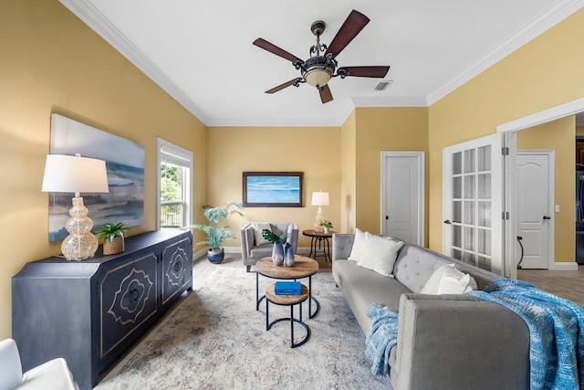 114 Golf Dr, Panama City Beach, FL 32408 - living room with crown molding, a ceiling fan, and baseboards