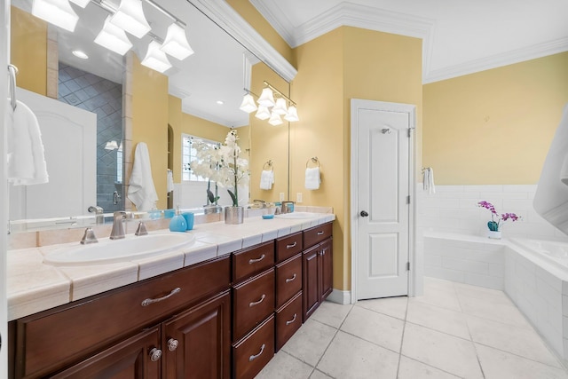 114 Golf Dr, Panama City Beach, FL 32408 - bathroom with crown molding, a stall shower, double vanity, tile patterned floors, and tiled tub