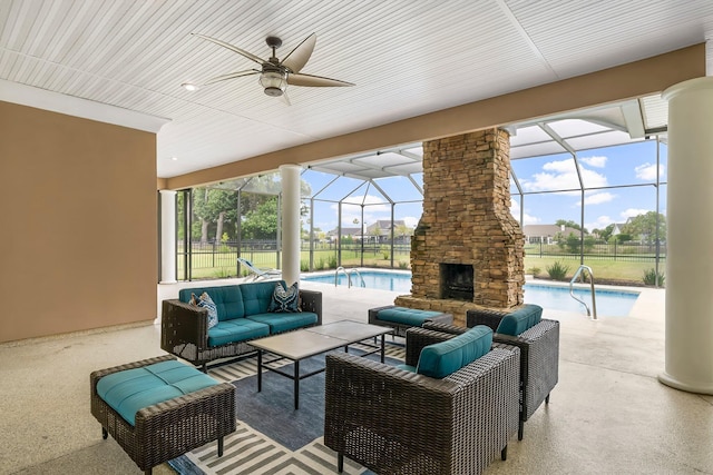 114 Golf Dr, Panama City Beach, FL 32408 - view of patio featuring an outdoor living space with a fireplace, an outdoor pool, ceiling fan, and a lanai