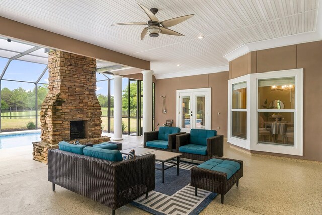 114 Golf Dr, Panama City Beach, FL 32408 - view of patio / terrace featuring french doors, an outdoor living space with a fireplace, and ceiling fan