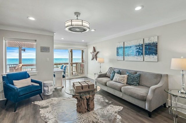 living area featuring crown molding, wood finished floors, and a healthy amount of sunlight